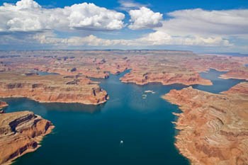 aerial view of lake and sandstone