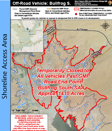 Bullfrog South Shoreline Access Area Map with red area outlined closed to orvs
