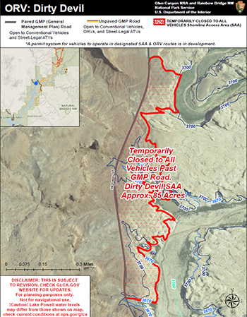 Dirty Devil Shoreline Access Area Map with red lined area indicating closed to ORVs