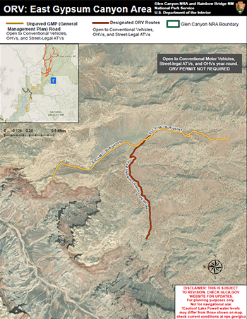East Gypsum Canyon Off Road Vehicle Map with two roads marked as unpaved gmp road and designated orv route.