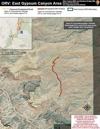 East Gypsum Canyon Off Road Vehicle Map with two roads marked as unpaved designated road and orv route.