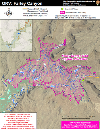 Farley Canyon Shoreline Access Area Map with pink line indicating open area