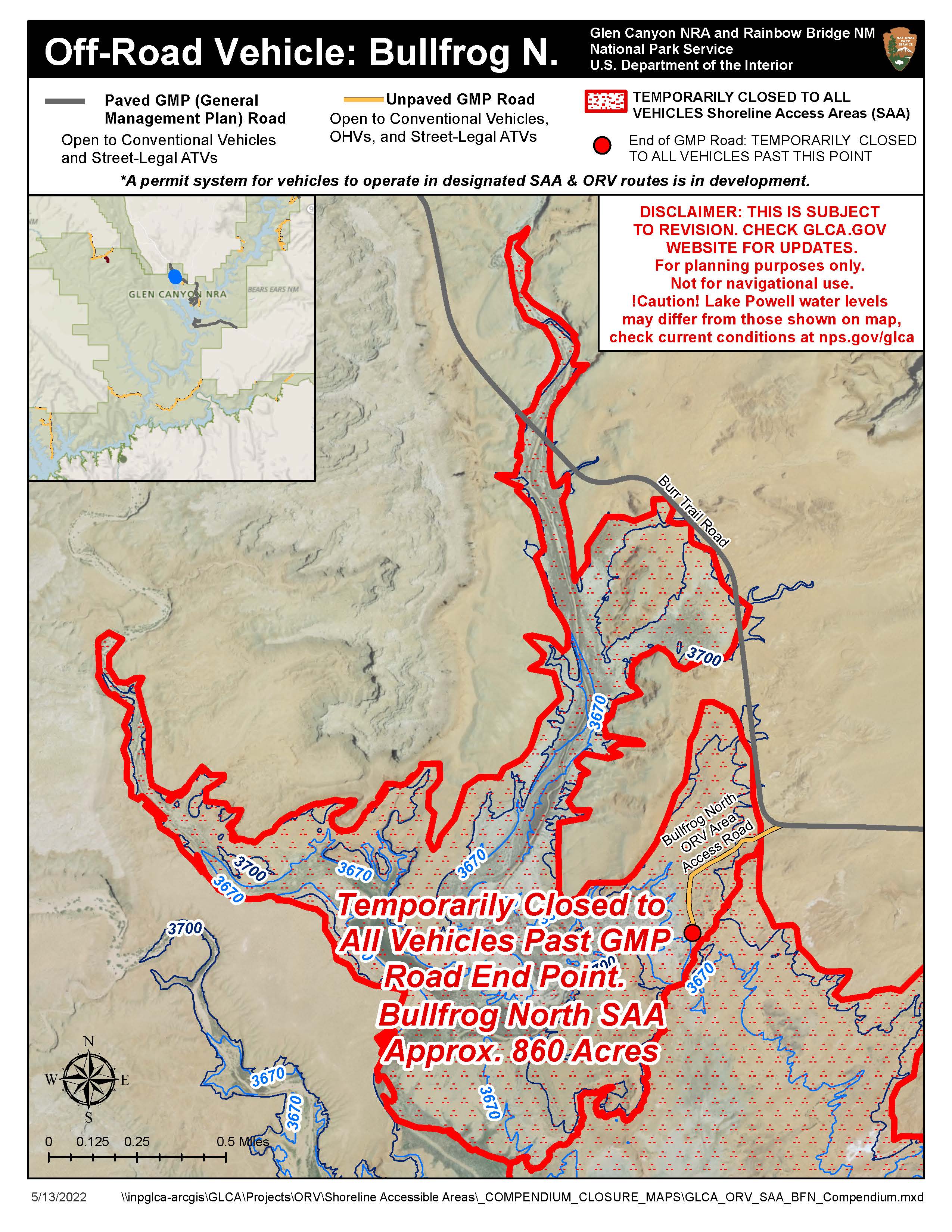 Bullfrog North Shoreline Access Area Map. Red Line outline area closed to ORVs.