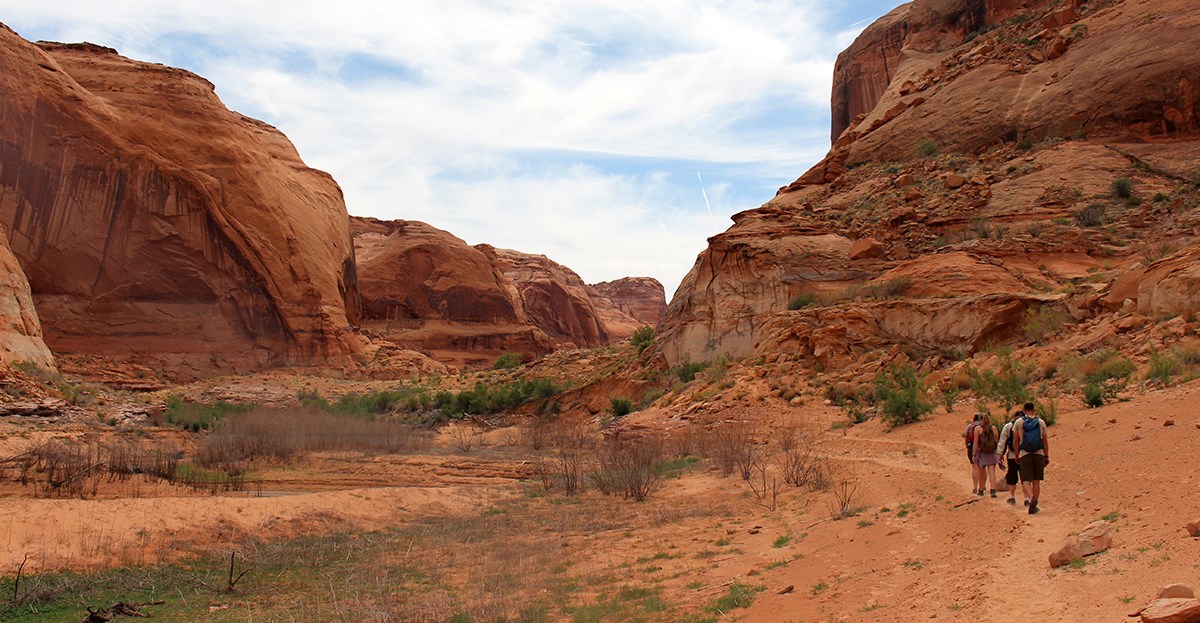 Small group of hikers heads into canyon