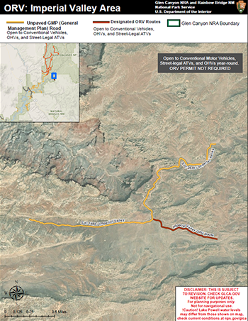 Imperial Valley Area Off Road Vehicle Map with two roads marked as unpaved gmp road and designated orv route.