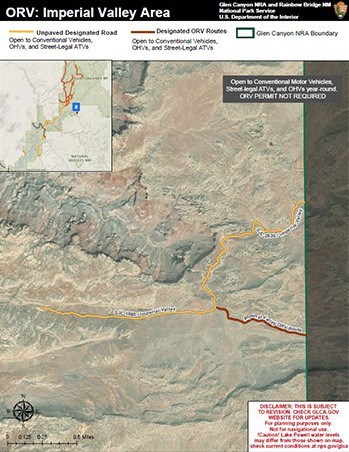 Imperial Valley Area Off Road Vehicle Map with two roads marked as unpaved designated road and orv route.