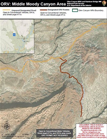Middle Moody Canyon Off Road Vehicle Map with two roads marked as unpaved designated road and orv route.