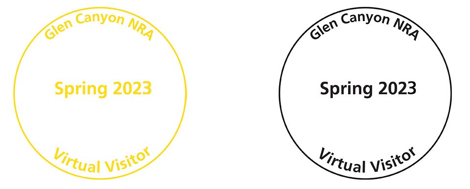circles in yellow and black, text in circles: Glen Canyon Spring 2023 Virtual Visitor