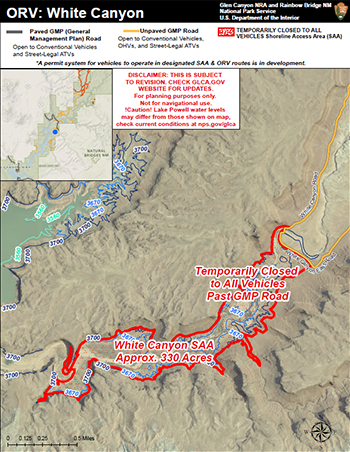 White Canyon Shoreline Access Area Map with red outline showing closed area