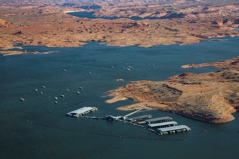 Aerial view of boats at marina on lake