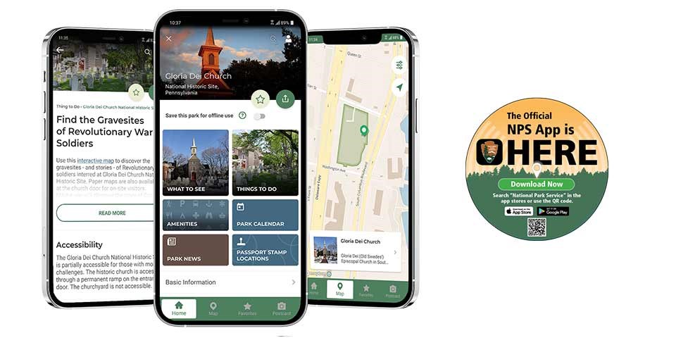 Three smartphones displaying screens from the National Park Service mobile app next to an image with a QR code.