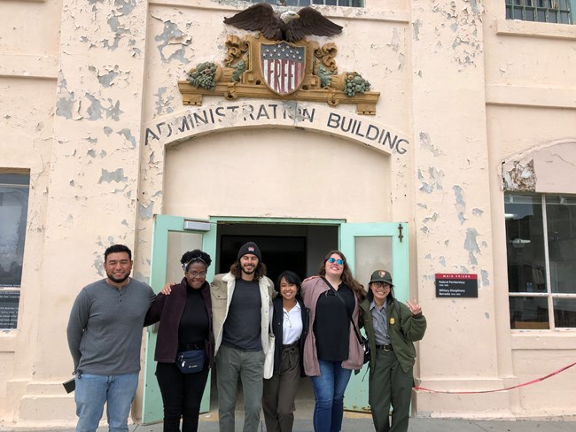 Environment for the Americas interns in front of the Administration building on Alcatraz Island