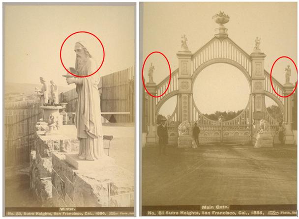 Photographs of Sutro Heights showing statues that were ordered from the catalog.