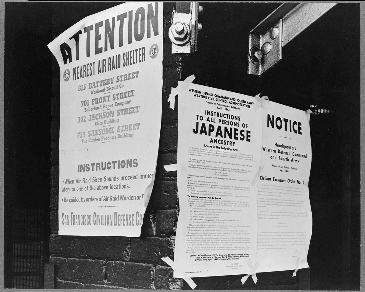 Signs posted directing japanese americans to evacuate. San Francisco, April 1942