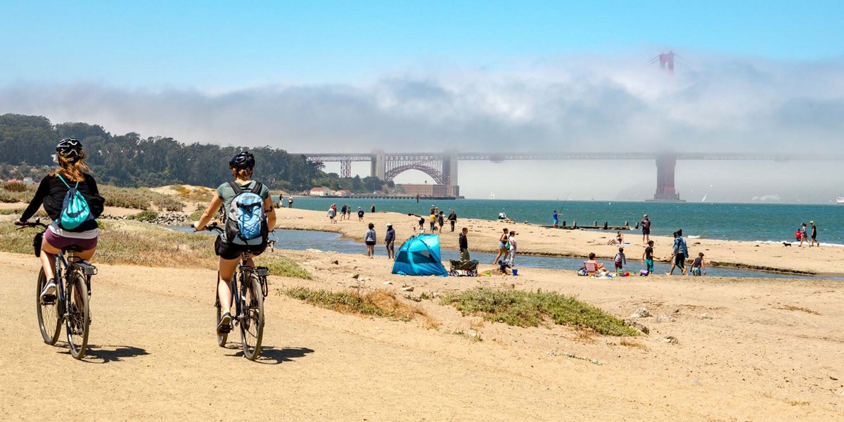 bikes passing crissy field beach bikes passing crissy field beach
