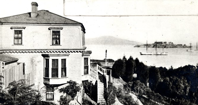 historic view of Fort Mason residence with Alcatraz in the background