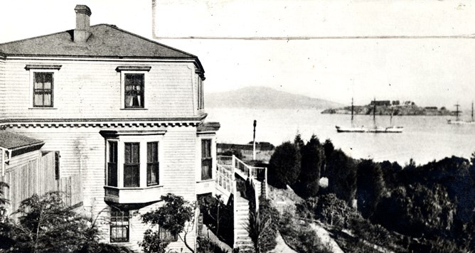 historic view of Fort Mason residence with Alcatraz in the background historic view of Fort Mason residence with Alcatraz in the background