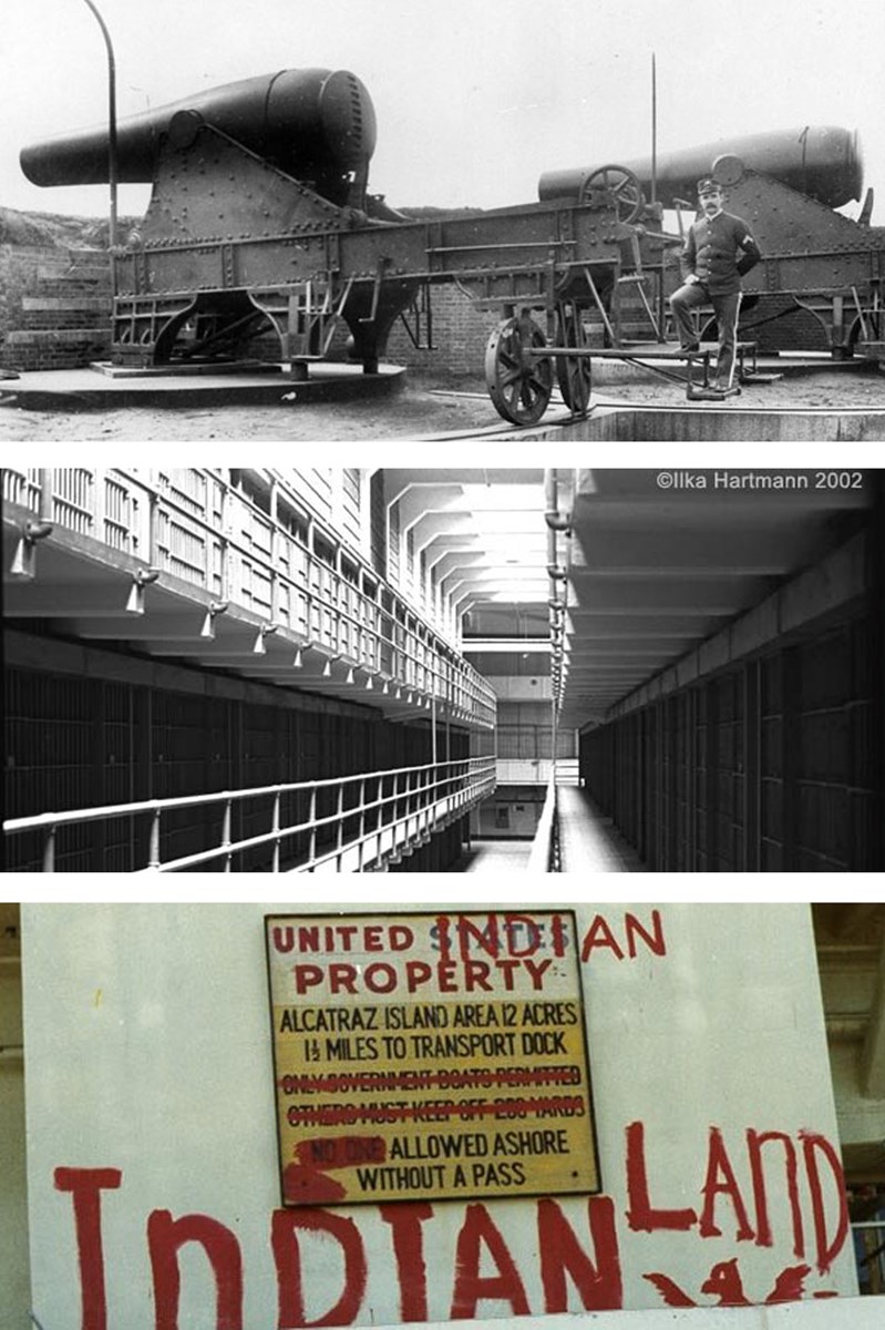 Composite images of Alcatraz as an army gun battery, a federal prison, and a welcome sign during the Native American Occupation.