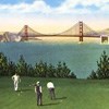 colored postcard showing golfers on golf course with bridge in background
