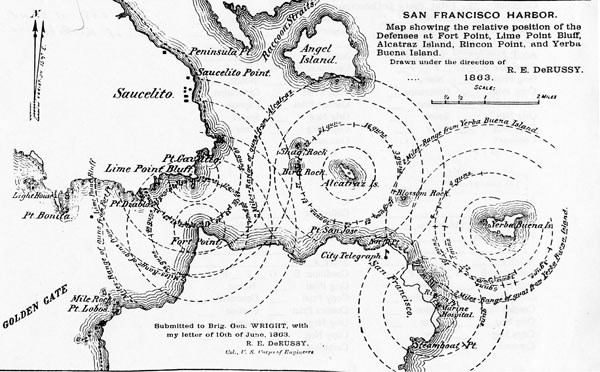 historic map showing San Francisco harbor and gun range rings around military posts