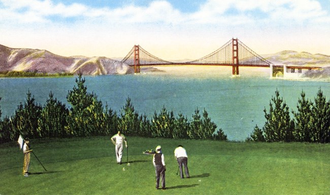 historic postcard of golfers playing on green with Golden Gate Bridge in background historic postcard of golfers playing on green with Golden Gate Bridge in background