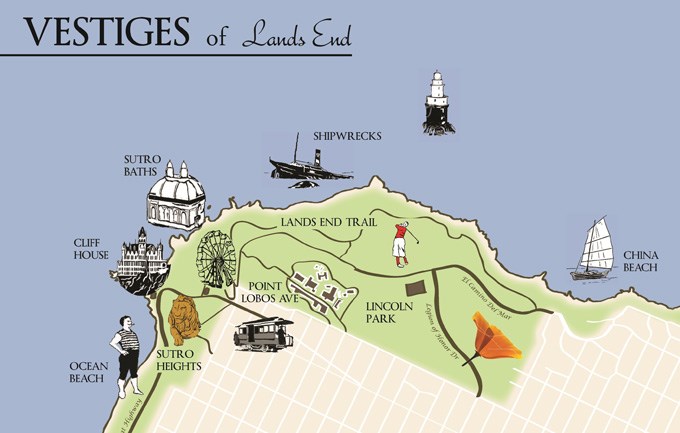 colored map of Lands End with illustrations for different regions colored map of Lands End with illustrations for different regions