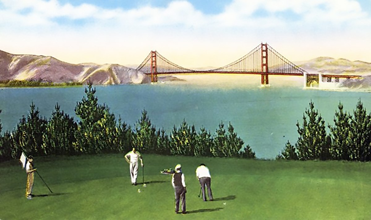 historic postcard of golfers playing on green with Golden Gate Bridge in background