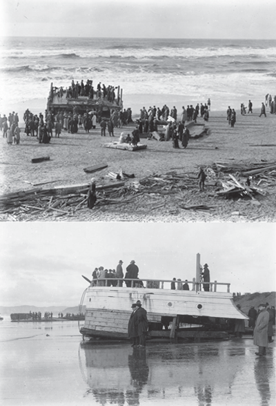 Top: Group of people on beach looking at driftwood. Bottom: People clustered around broken ship.