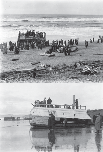 Top: Group of people on beach looking at driftwood. Bottom: People clustered around broken ship. Top: Group of people on beach looking at driftwood. Bottom: People clustered around broken ship.
