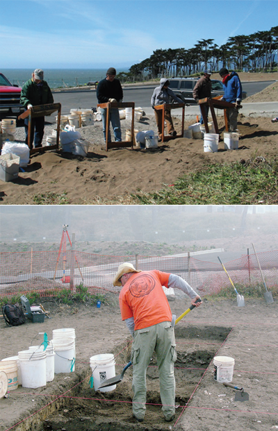 Top: People standing near beach sifting through sand for artifacts. Bottom: Man shoveling layers of dirt into plastic buckets.