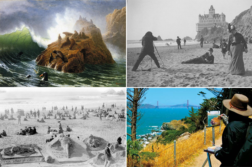 Top left: Oil painting of seals on rock. Top right: Historic photograph of photographer taking pictures. Bottom left: Historic photograph of sand castle contest. Bottom right: Artist at easel painting view of Lands End.