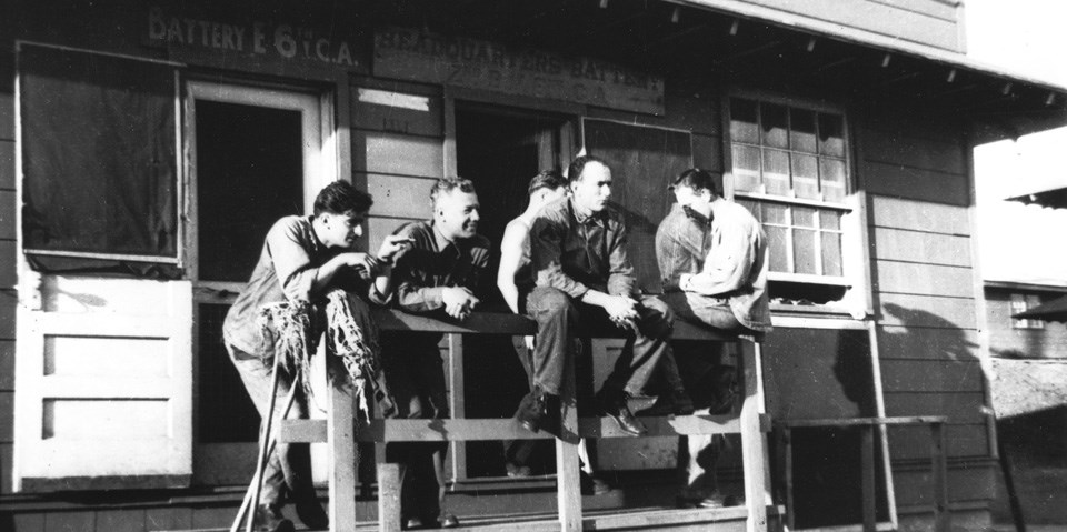 off-duty soldiers in front of barracks