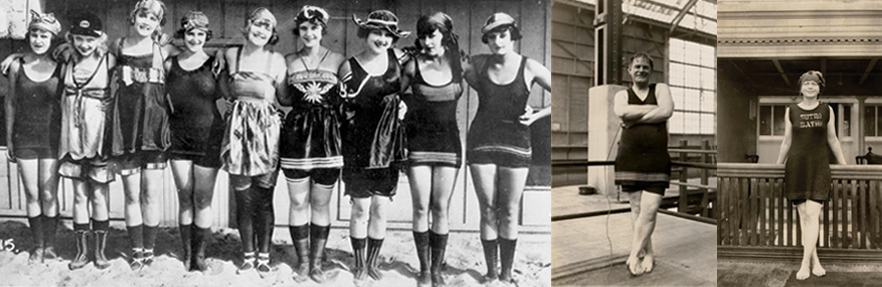 Left: line of women in old fashioned bathing suits. Right A man and women modeling Sutro Baths bathing suits.