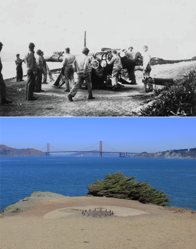 Top: Soldiers clustered around mounted gun. Bottom: View looking out toward Golden Gate Bridge.