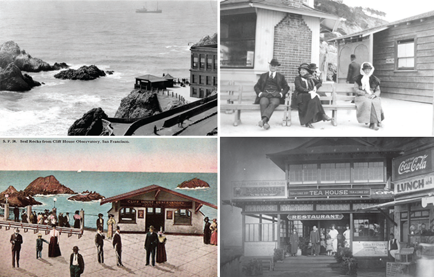 Top left: View of ocean and Cliff House Top right: Men and women sitting on a bench near Cliff House. Bottom right: Colored postcard of people milling around Cliff House promenade. Bottom right: Restaurant with sign Tea House.