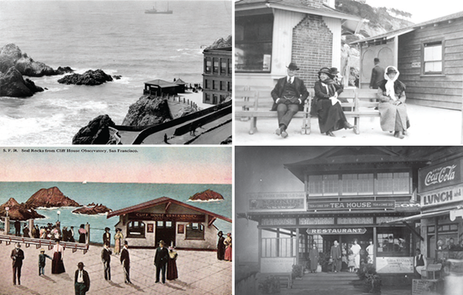 Top left: View of ocean and Cliff House Top right: Men and women sitting on a bench near Cliff House. Bottom right: Colored postcard of people milling around Cliff House promenade. Bottom right: Restaurant with sign Tea House. Top left: View of ocean and Cliff House Top right: Men and women sitting on a bench near Cliff House. Bottom right: Colored postcard of people milling around Cliff House promenade. Bottom right: Restaurant with sign Tea House.