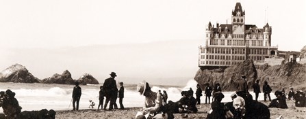 historic photo of bathers on Ocean Beach with Cliff House in background