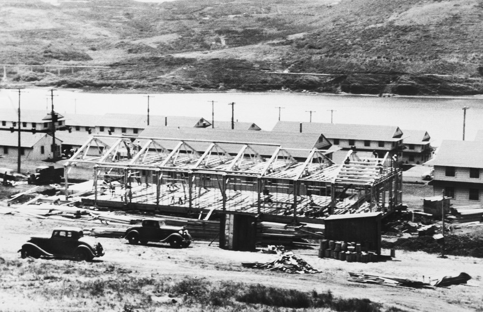 large wooden building under construction