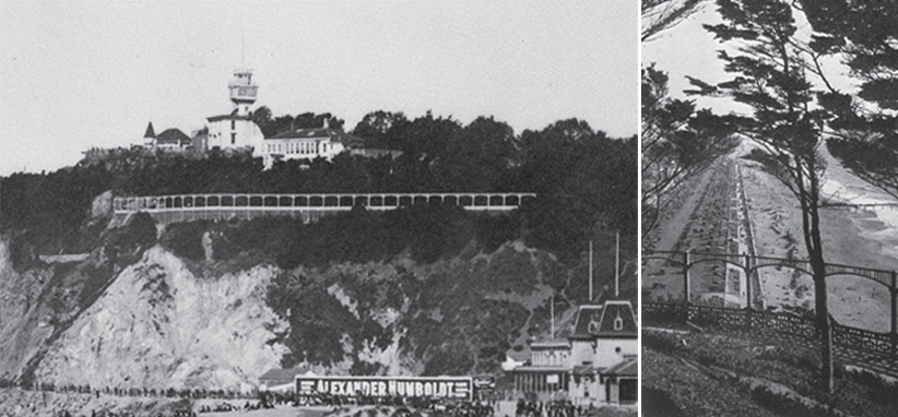 Left: View of ornate wooden balcony at cliff's edge. Right: Ornate wooden balcony with view from terrace.