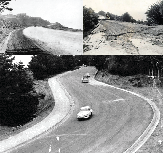 Upper left: Long road near cliff. Upper right: road with arrow highlighting damage from landslide Bottom: Cars driving on curvy road.