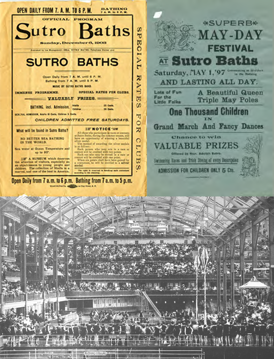 Yellow  and green program flyers and interior photo of Sutro Baths.