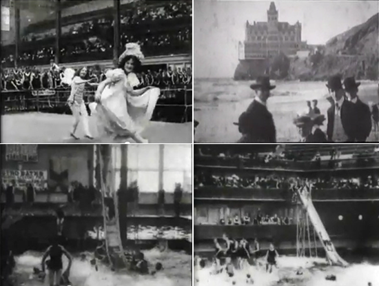 Clockwise from left: Woman in costume dancing. Men in formal dress posing on Ocean Beach. Children sliding down water slide. Swimmers in a large pool.