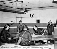 photo of soldiers around a plotting room in Battery Davis, Fort Funston