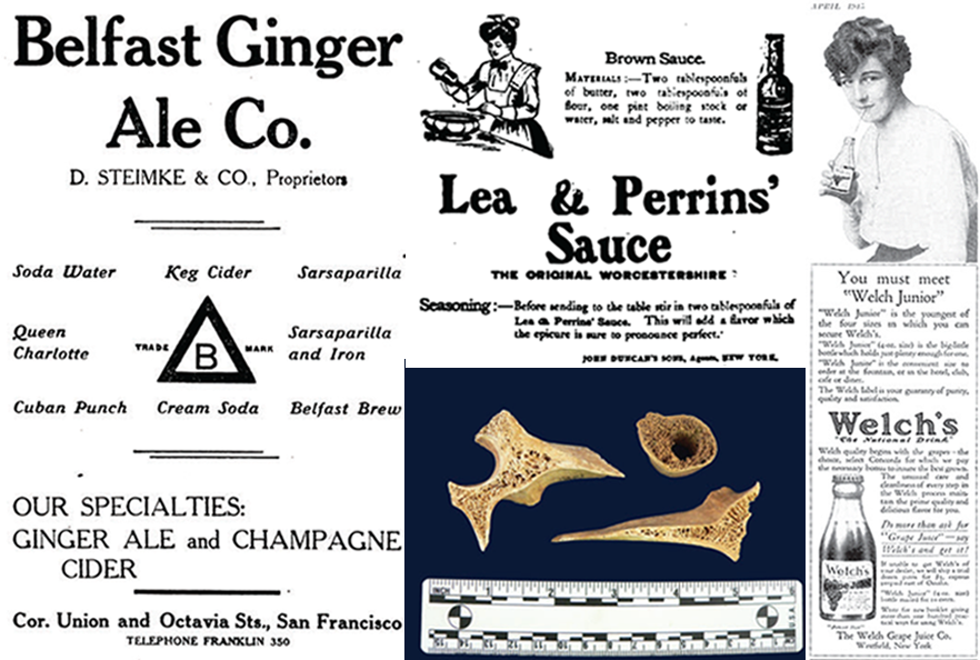 Left: Newspaper clippings advertising foods and photo of animal bones. Right: Newspaper clipping advertising Welch grape juice.