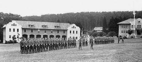 Troops in formation at Fort Scott's main parade ground.
