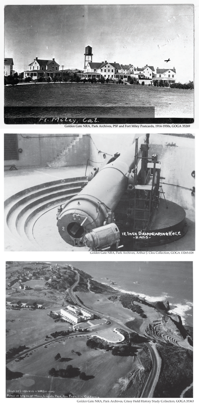 Top: Postcard of a group of buildings with a water tower in the middle. Middle: A large rotating cannon. Bottom: Aerial of historic army post. Center