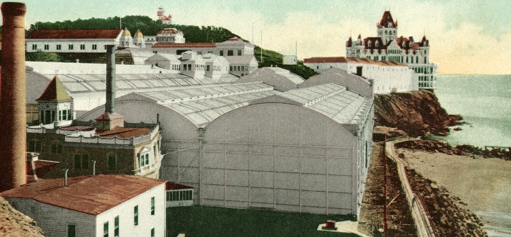 Color postcard of Sutro Baths and the second Cliff House