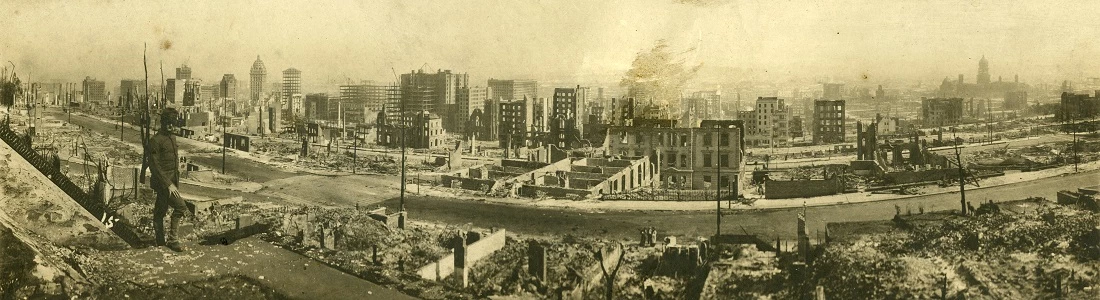 GOGA 33791 Viola Grilnberger Connelly Collection San Francisco Earthquake & Fire Panoramic with Soldier on left, 1906 San Francisco Earthquake & Fire Panoramic with Soldier on left, 1906
