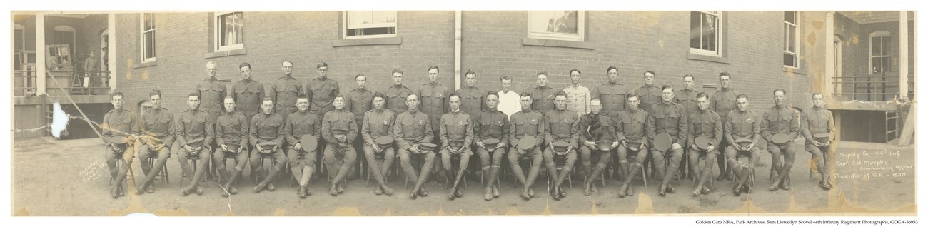44th infantry supply corp taken in 1920 outside of brick barracks possibly montgomery street barracks in the presidio of San Francisco