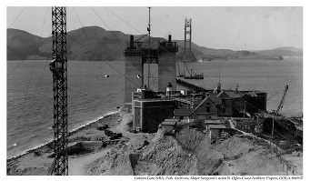 Golden Gate Bridge BBG construction showing Fort Point c 1930s